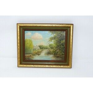 Geo Durham Framed Oil on Board Landscape Painting House on River